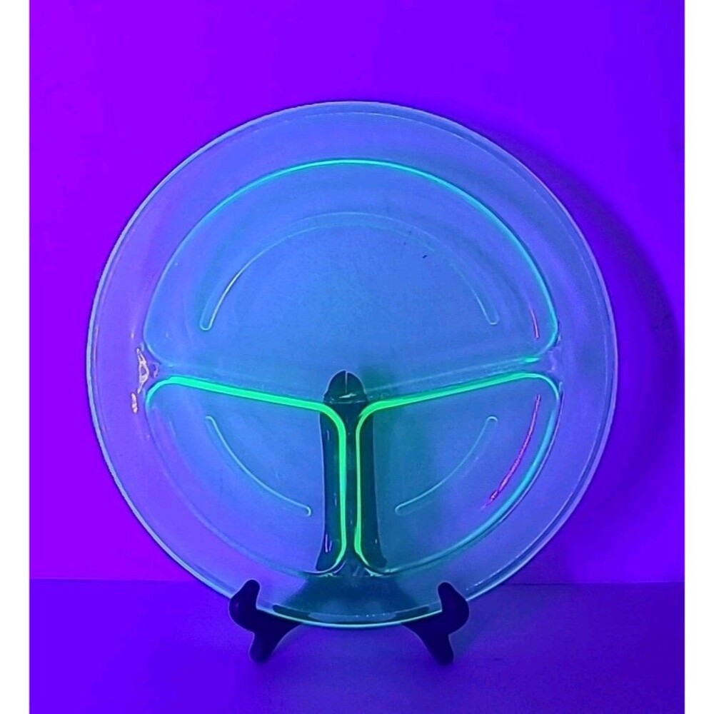 Vintage Green Uranium Depression Glass Plate Divided 3 Sections 11" 1930's